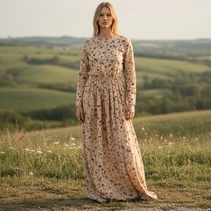 Bailey’s Blossoms Floral Long Sleeve Maxi Dress Tan Pink Green Size XXL